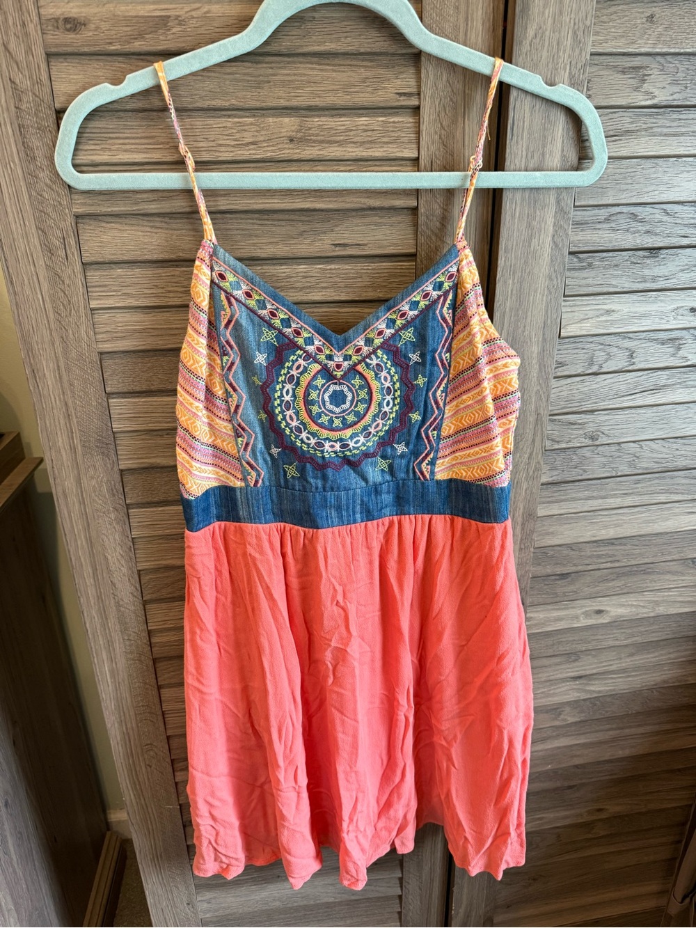 Flying Tomato Boho Embroidered Summer Dress - Coral & Denim Accents